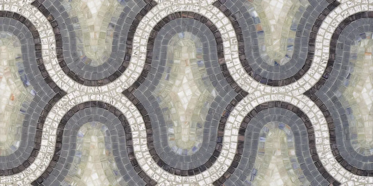 Onda fluida di mosaici Bisazza in grigio, bianco e nero, che crea un motivo geometrico elegante e moderno.