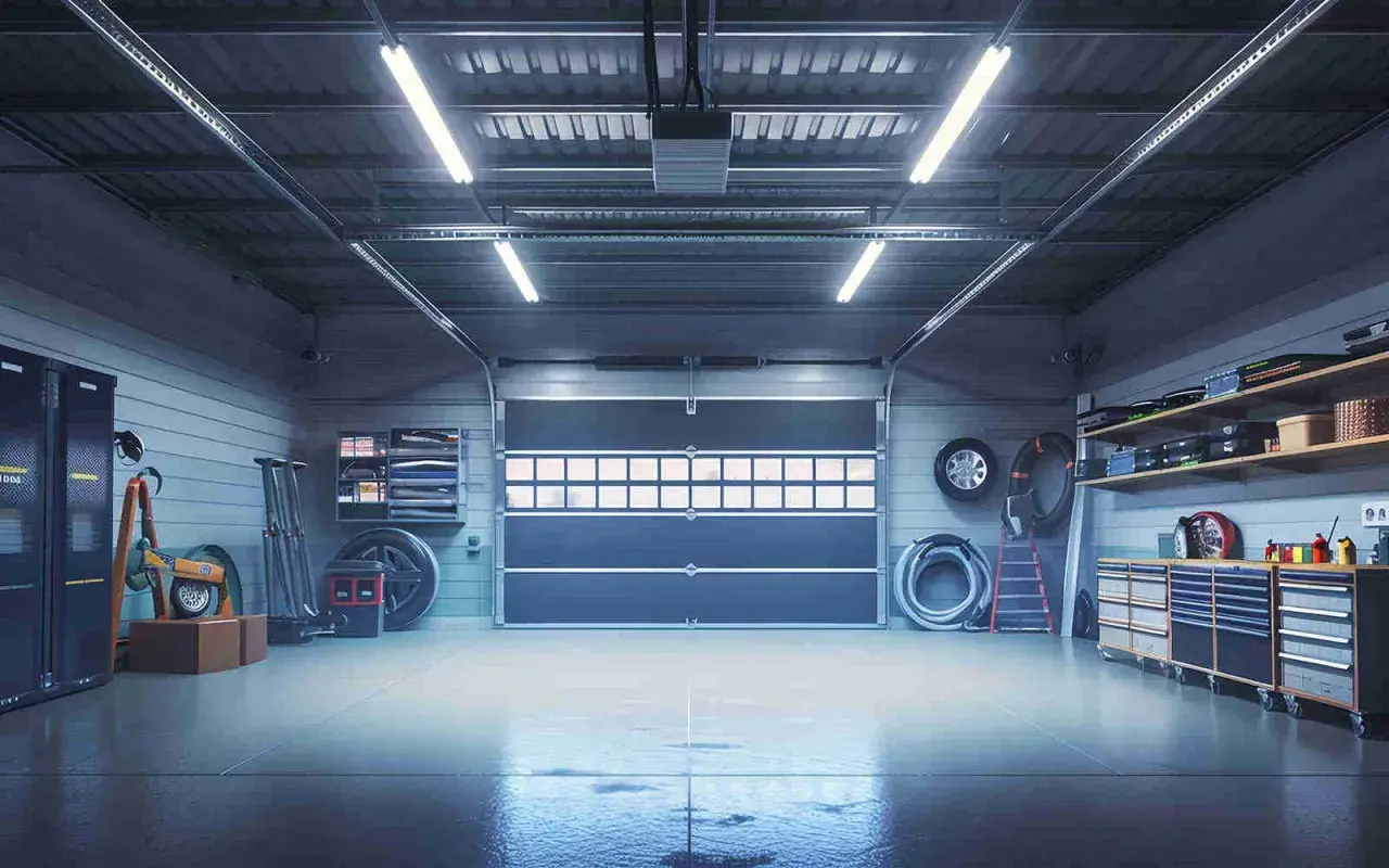 Illuminazione garage consigli: un interno ben illuminato con luci a soffitto, porte chiuse, armadi e attrezzi.
