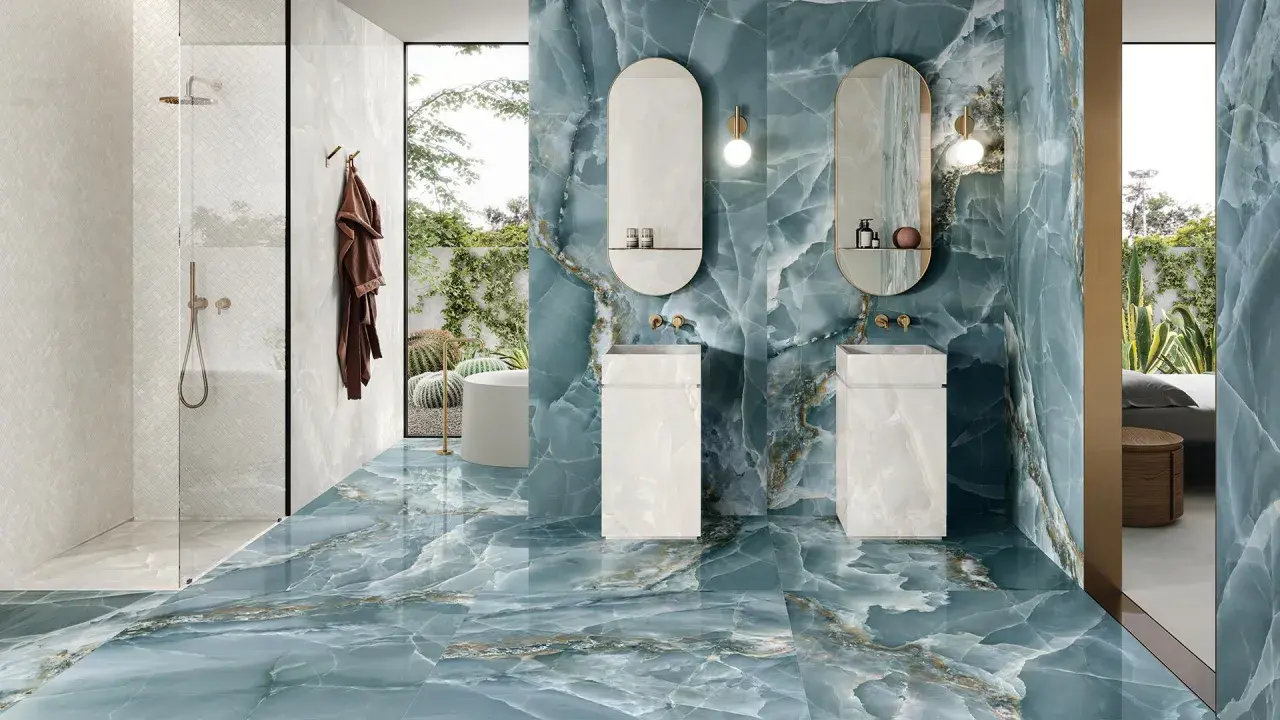 Bagno di lusso con pavimenti e pareti in diversi tipi di gres porcellanato effetto marmo blu e bianco.
