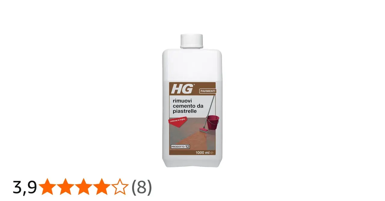 Flacone HG per rimuovere il cemento dalle piastrelle, con immagine di un secchio e scopa.