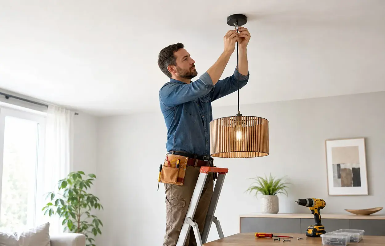 Uomo su scala effettua il montaggio lampadario a sospensione in legno. Attrezzi a portata di mano per un lavoro perfetto.