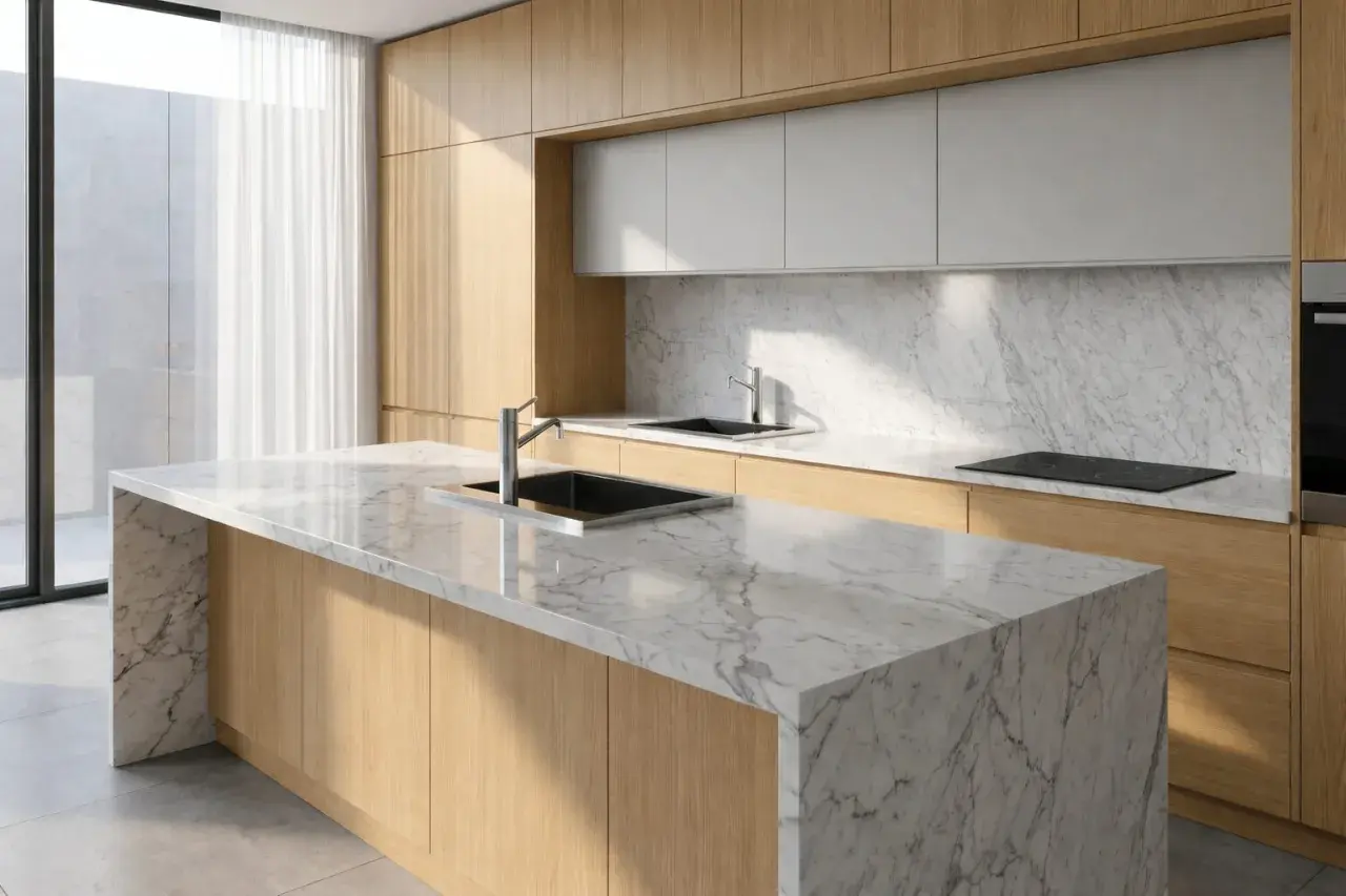 Cucina moderna con isola centrale e piano in marmo bianco venato. Ante in legno chiaro e schienale in marmo completano l'ambiente.