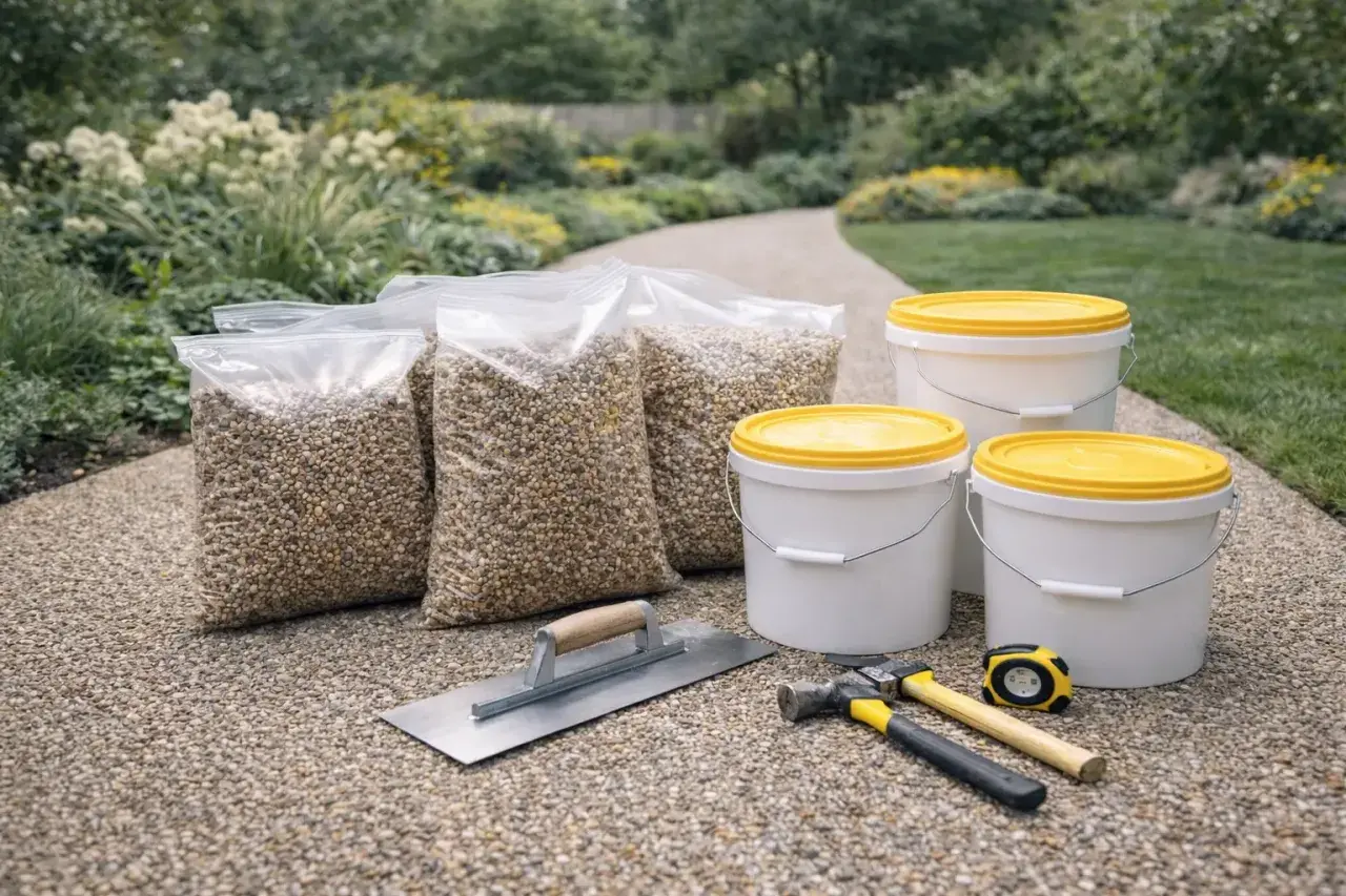 Attrezzi e sacchi di ghiaia pronti per la pulizia pavimenti esterni. Un set per un giardino impeccabile.