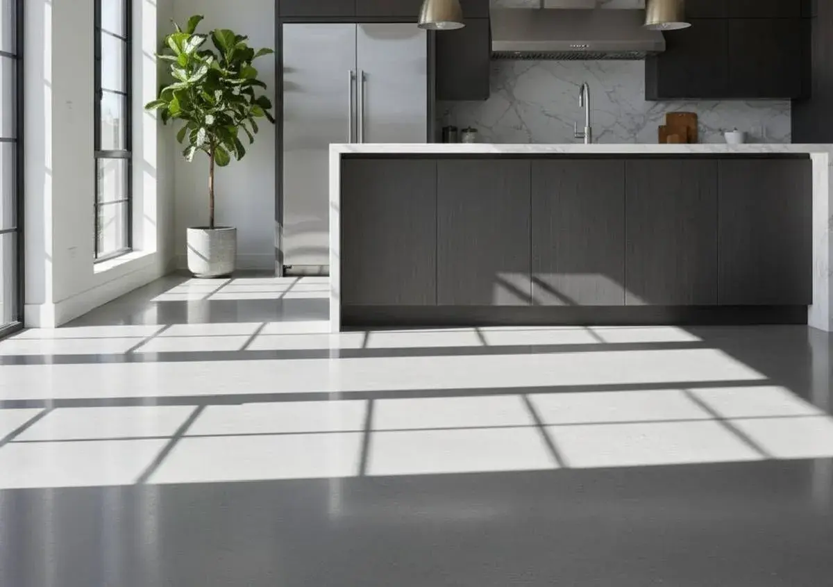 Luminoso soggiorno con pavimenti e rivestimenti in resina chiara, illuminato da un sole che crea ombre geometriche.