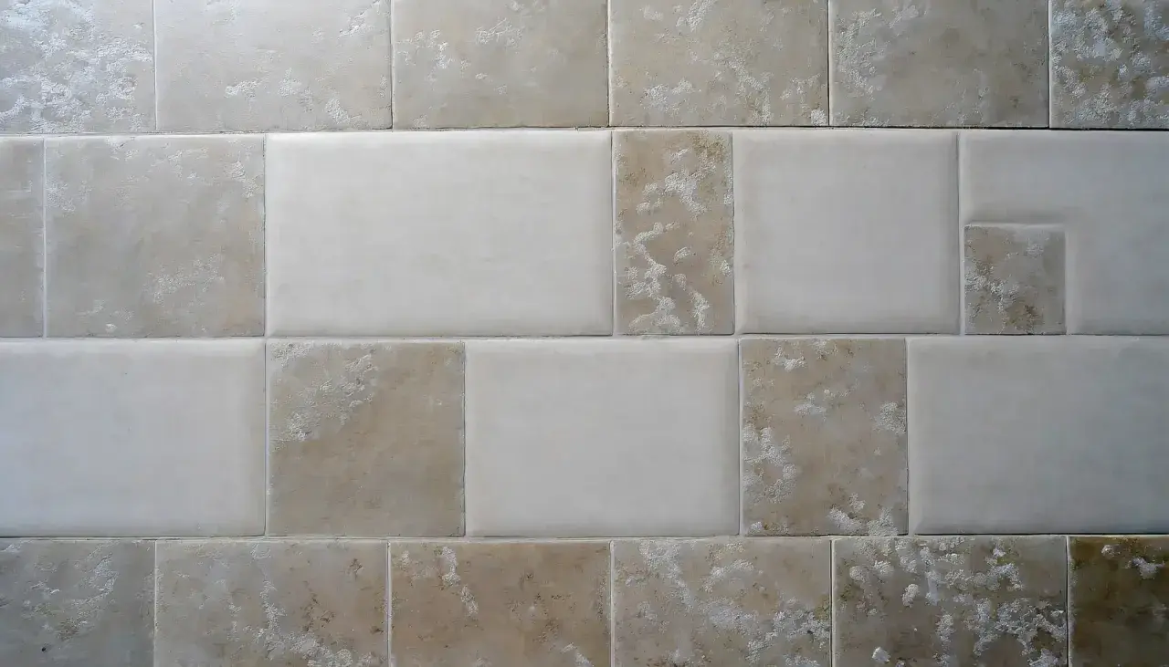 Pareti con piastrelle rettificate e fuga minima. Diverse tonalità di beige e bianco creano un motivo moderno e pulito.