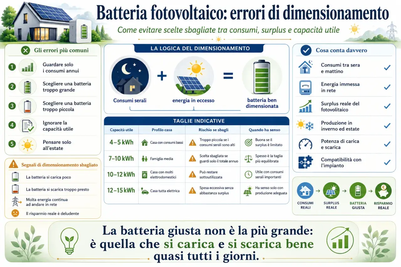 Dimensionamento impianto fotovoltaico: errori comuni e logica corretta. La batteria giusta è quella che si carica e scarica bene ogni giorno.