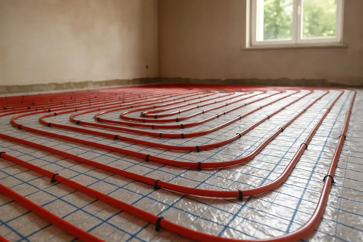 Tubazioni rosse disposte a spirale per il riscaldamento a pavimento, pronte per essere coperte.