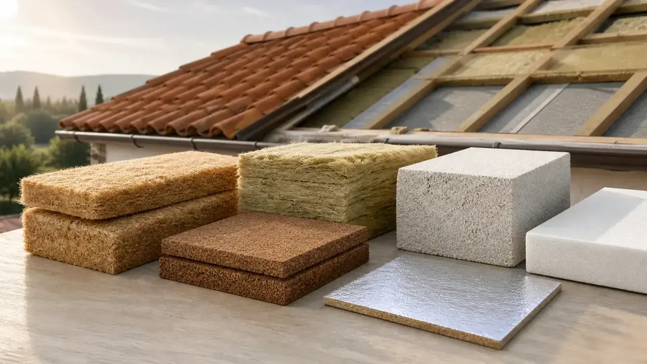Vari materiali per l'isolamento termico del tetto, tra cui fibra di legno, lana di roccia e polistirene, pronti per migliorare l'efficienza energetica.