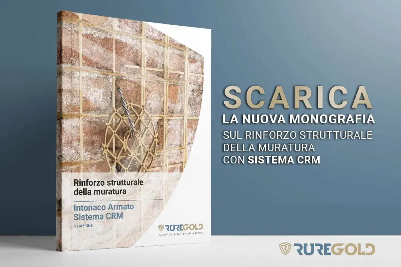Copertina monografia "Intonaco Armato Sistema CRM" con dettaglio di muratura rinforzata. Scarica la nuova guida sul rinforzo strutturale.
