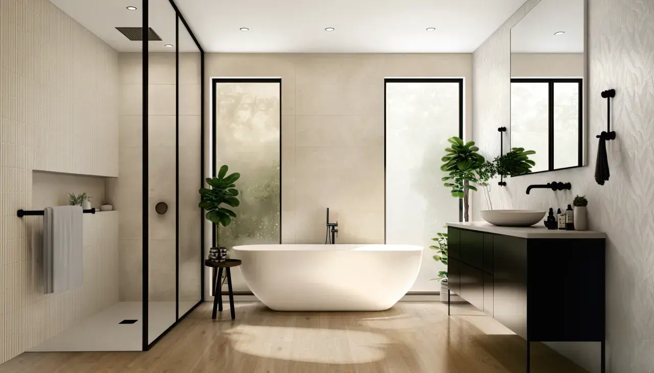 Bagno moderno con vasca freestanding e doccia a filo pavimento. Le pareti presentano diverse texture di piastrelle, offrendo molte idee piastrelle doccia.