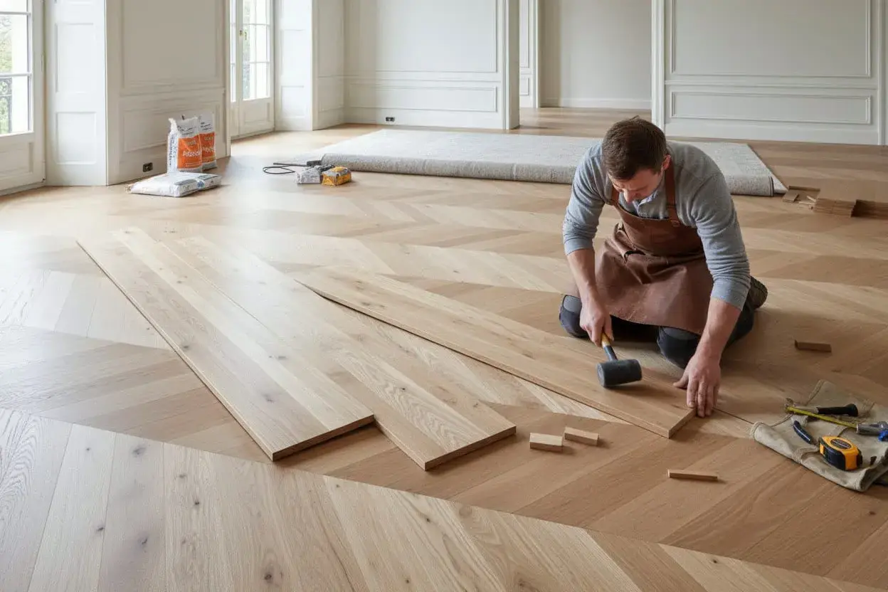 Installazione di un elegante pavimento galleggiante interno in legno, con un artigiano che posa le tavole a spina di pesce.