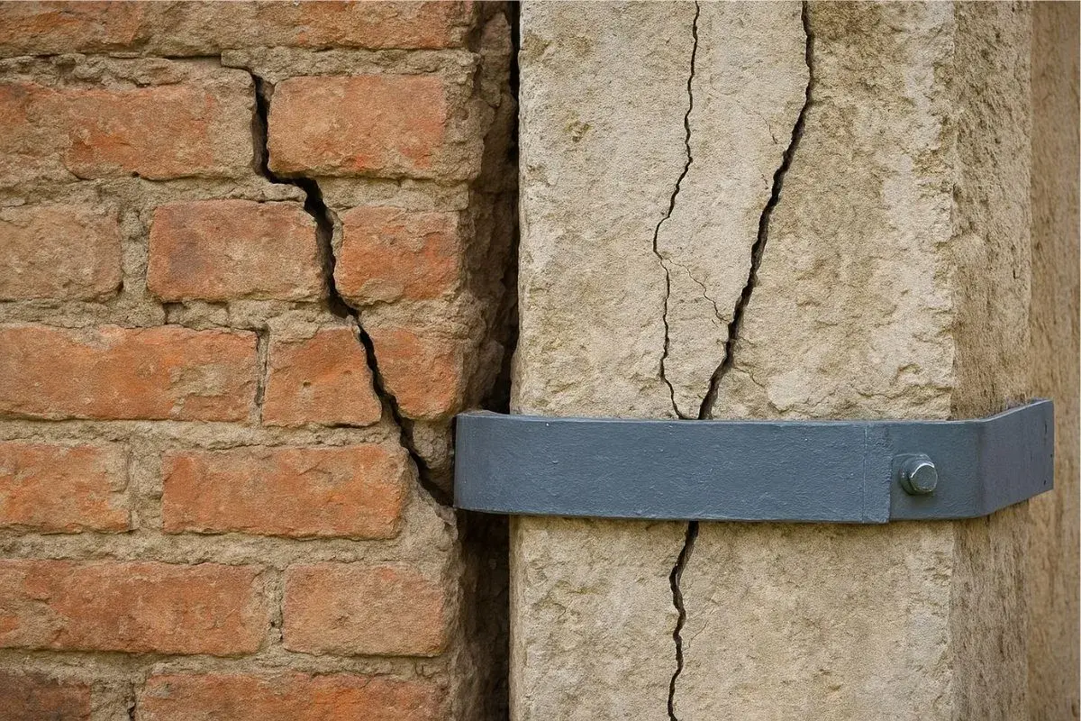 Dettaglio di muratura in mattoni e pietra con profonde crepe, evidenziando la necessità di consolidamento strutturale murature. Una fascia metallica tenta di tenere unite le parti.