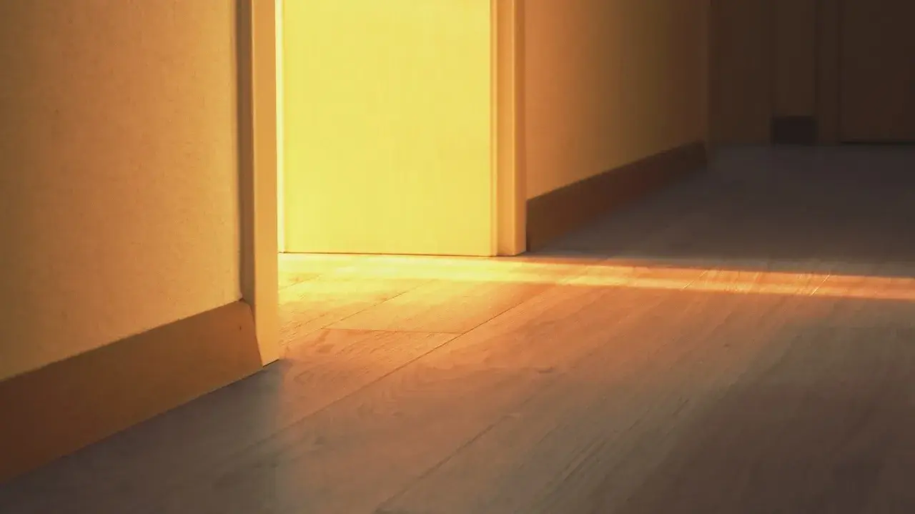 Un raggio di sole illumina un pavimento in legno, creando aloni sul pavimento dopo aver lavato.