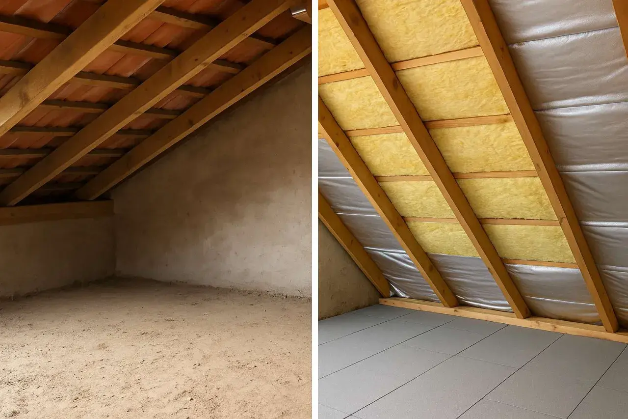 Prima e dopo: un sottotetto grezzo trasformato con coibentazione tetto, isolante giallo e pannelli grigi sul pavimento.