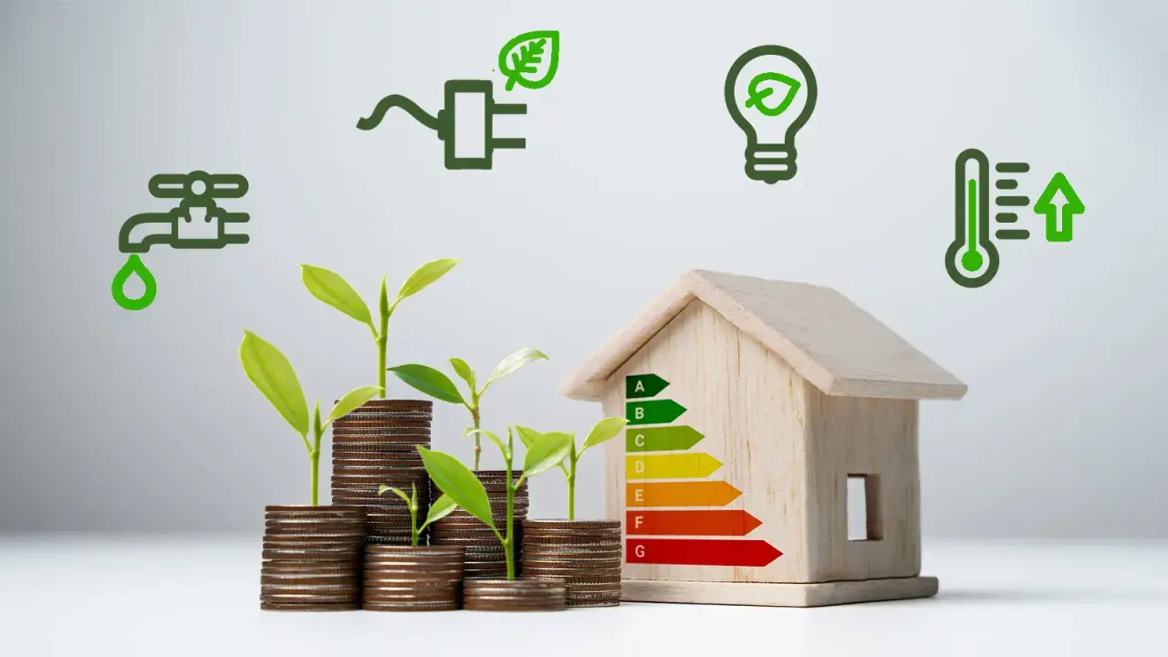 Piccola casa in legno con simboli di risparmio energetico: acqua, elettricità, lampadina, termometro. Piantine crescono su pile di monete, simbolo di investimento nel risparmio energetico in casa.