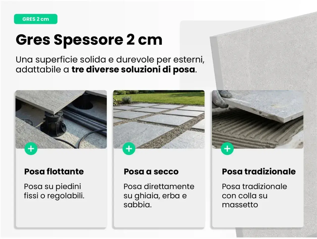 Lastre in gres 2 cm, simili a pietra di Vals, per esterni: posa flottante, a secco o tradizionale.