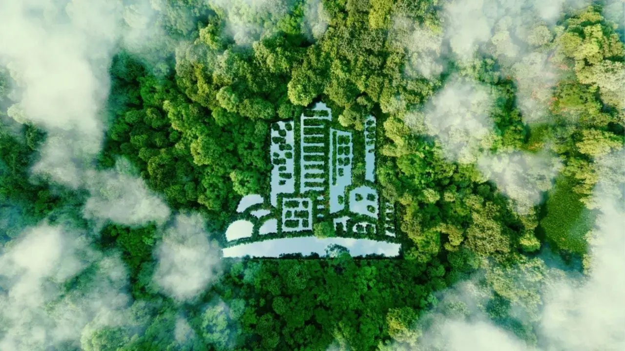 Un paesaggio verdeggiante con una città stilizzata formata da alberi e acqua, che simboleggia la riduzione dell'embodied carbon.