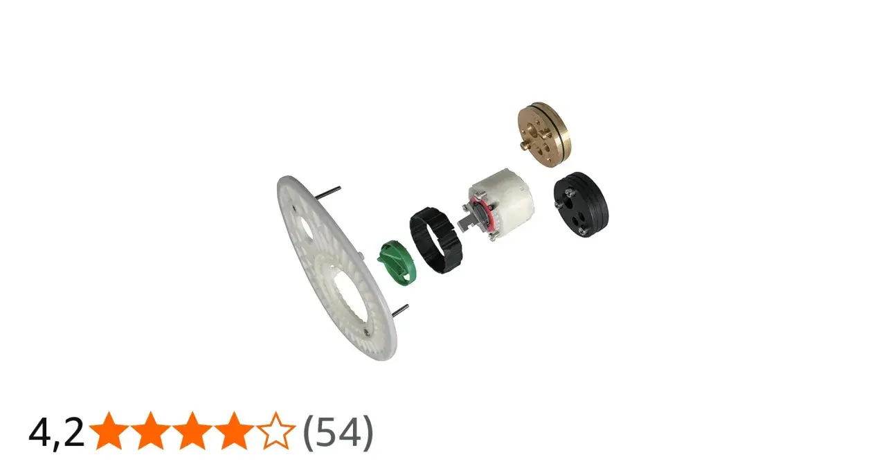 Parti di ricambio per rubinetteria Ideal Standard vecchi modelli: un disco bianco, un anello verde, un meccanismo bianco e nero, e un componente dorato.