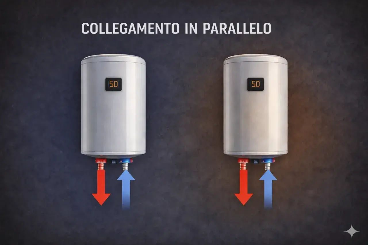 Two water heaters connected in parallel, each showing "50" on a digital display, with red and blue arrows indicating water flow.