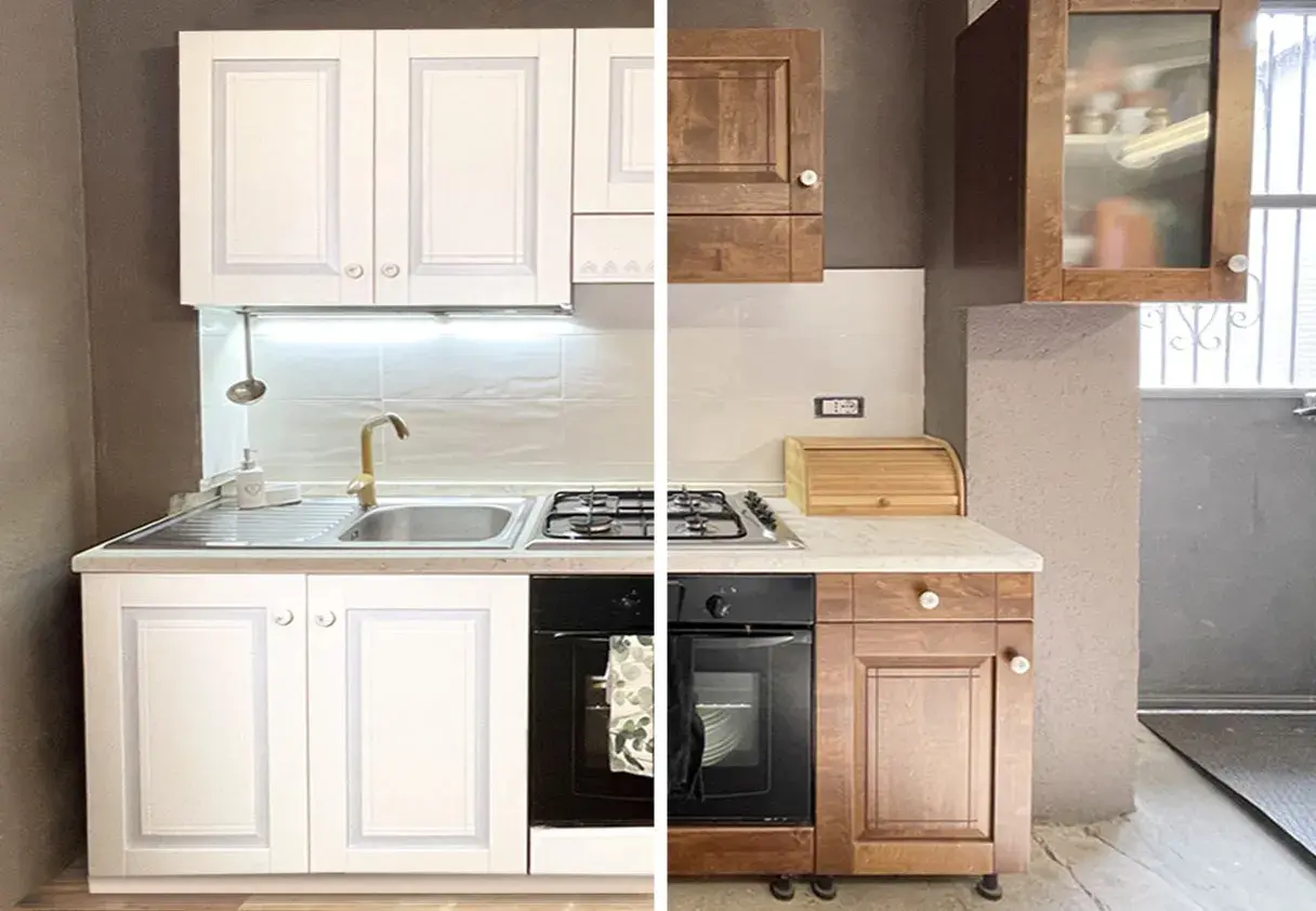 Prima e dopo: cucina con mobili bianchi e poi con mobili in legno scuro. Un progetto per verniciare cucina.