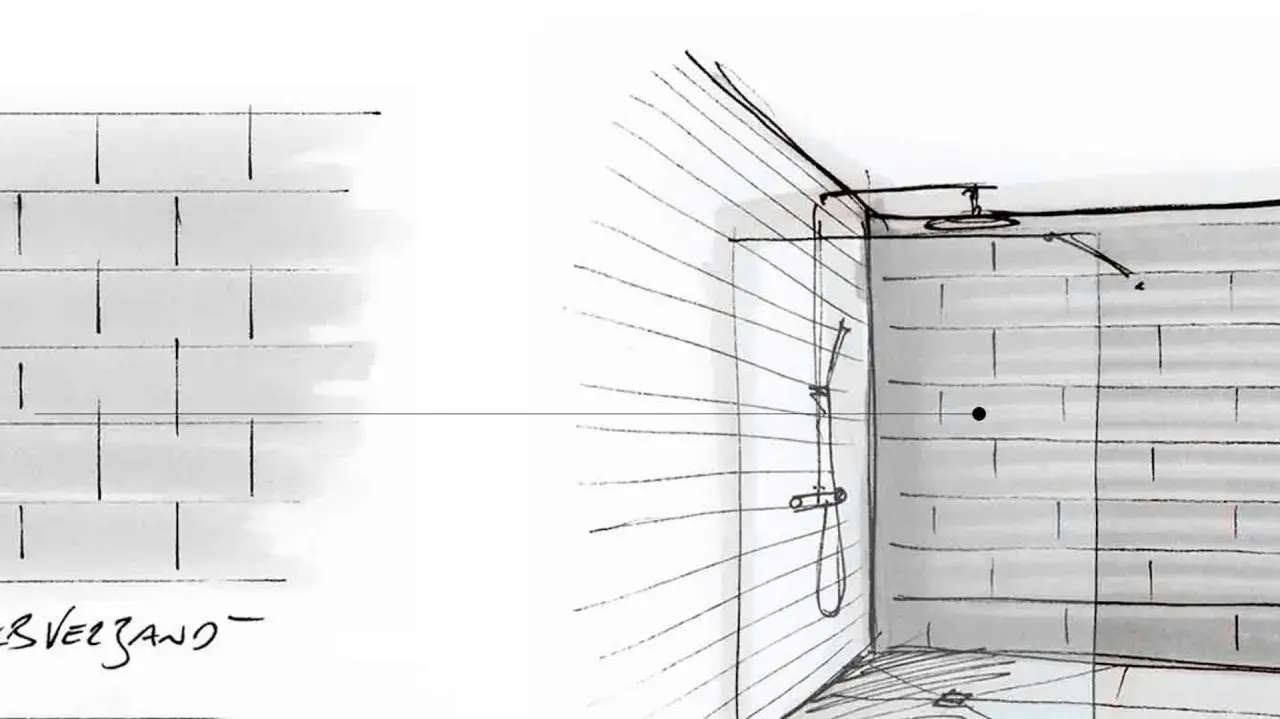 Schizzi di schemi posa piastrelle rettangolari per un bagno con doccia.