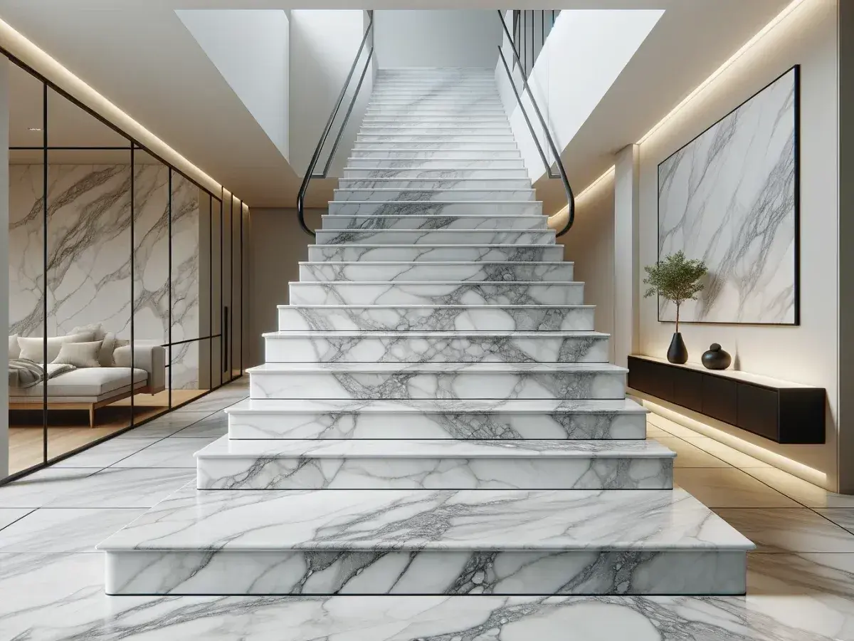 Una maestosa scala in gres porcellanato, con gradini bianchi e venature grigie, conduce verso l'alto. A sinistra, un salotto moderno separato da vetrate.