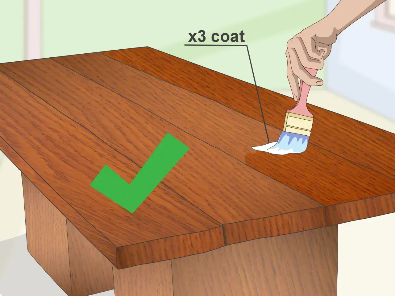 Mano che applica una mano di vernice trasparente per impermeabilizzare il legno fai da te. Tre mani consigliate per una protezione ottimale.