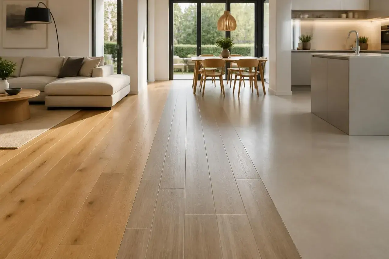 Un elegante soggiorno con divano e tavolo da pranzo si apre su una cucina moderna. L'effetto pavimento crea una transizione fluida tra le aree, con doghe in legno chiaro e un rivestimento in resina chiara.