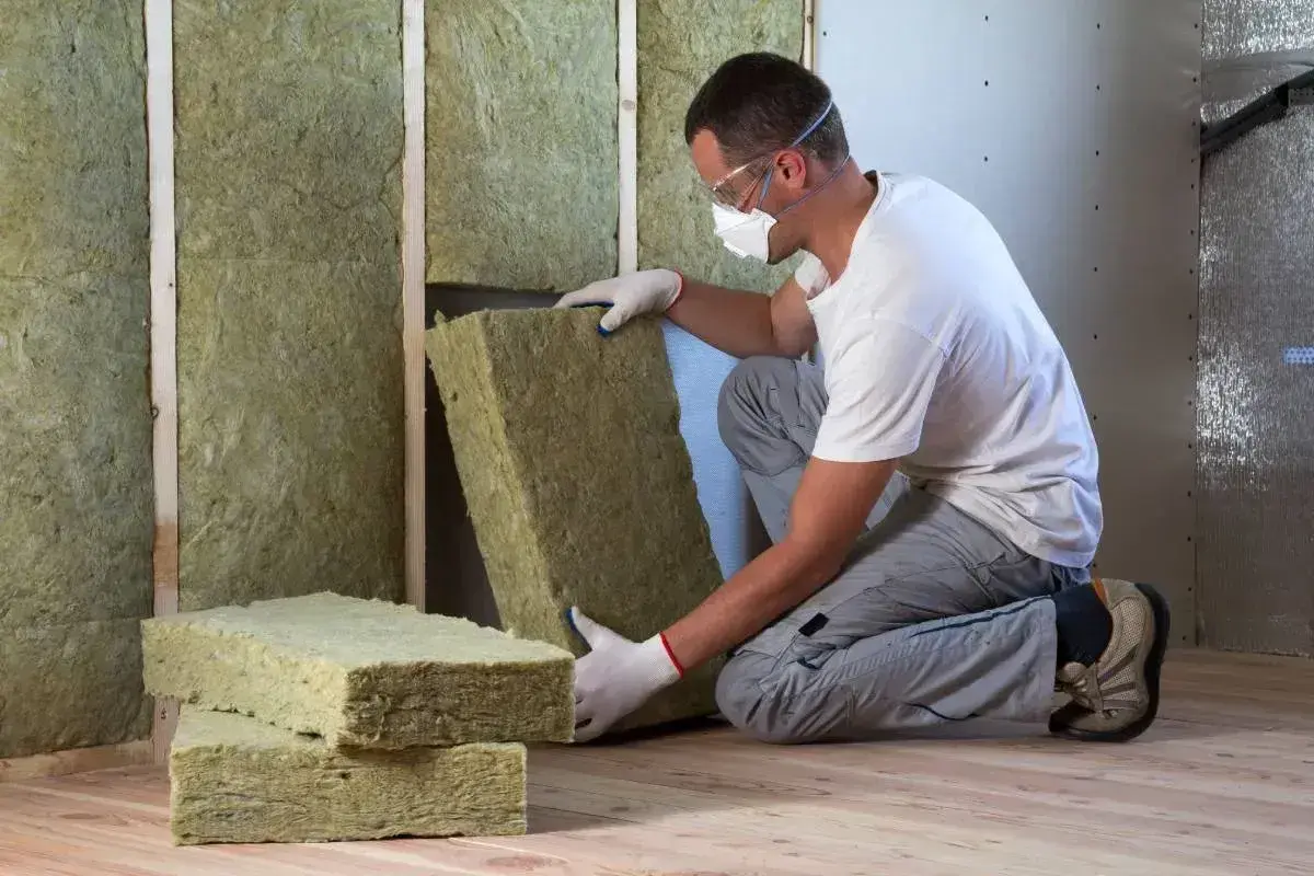 Operaio con maschera e occhiali installa pannelli isolanti per un cappotto interno.