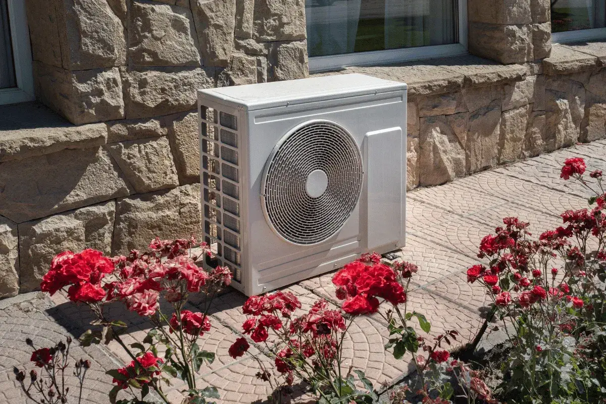 Un'unità esterna di pompe di calore, bianca e moderna, è posizionata accanto a un muro di pietra grezza, circondata da fiori rossi.