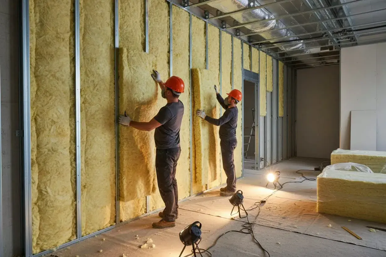 Operai installano isolamento in lana di roccia, respirando polvere. Lavorano su pareti metalliche in un cantiere.