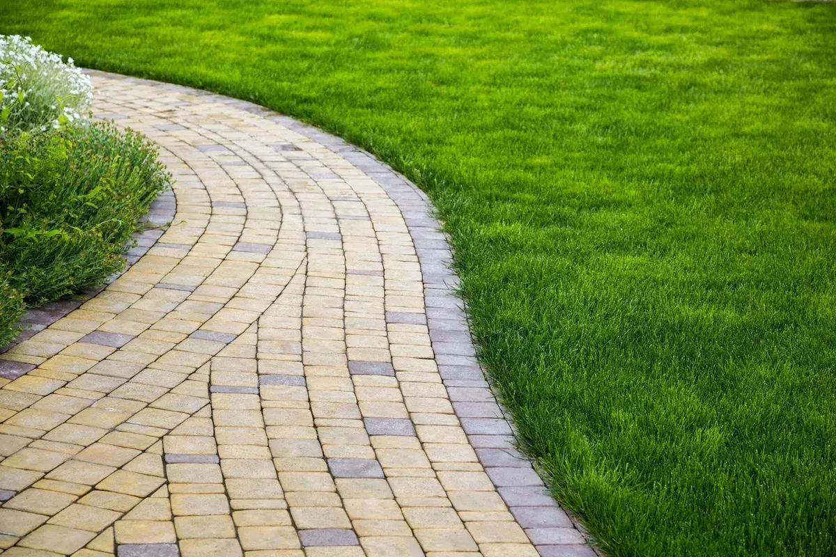 Un vialetto carrabile economico in pavé curvo, fiancheggiato da un prato verde brillante e vegetazione rigogliosa.