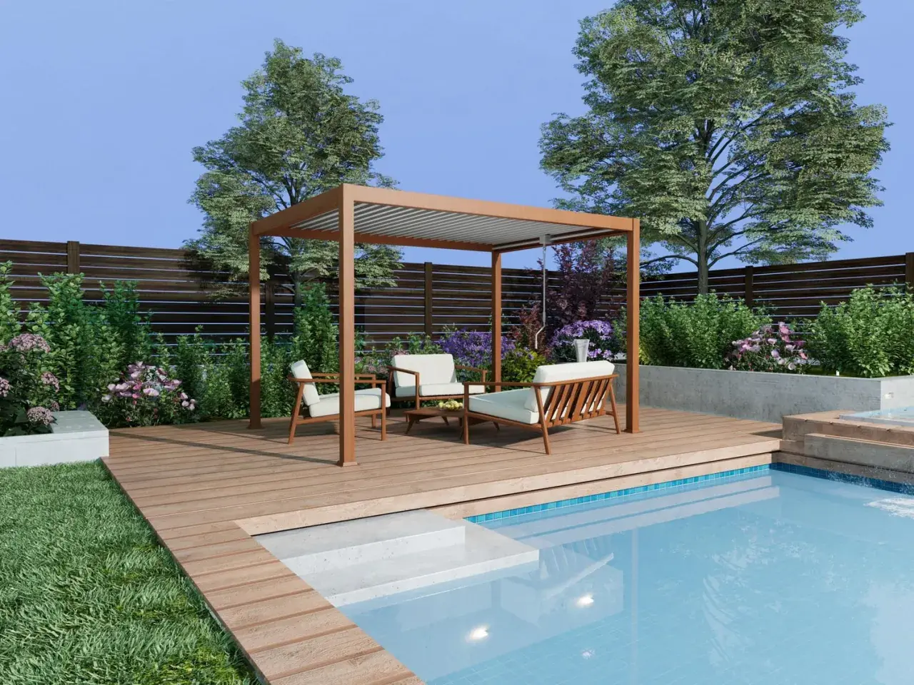 Un'elegante pergola fai da te con mobili da giardino, piscina e vegetazione lussureggiante.