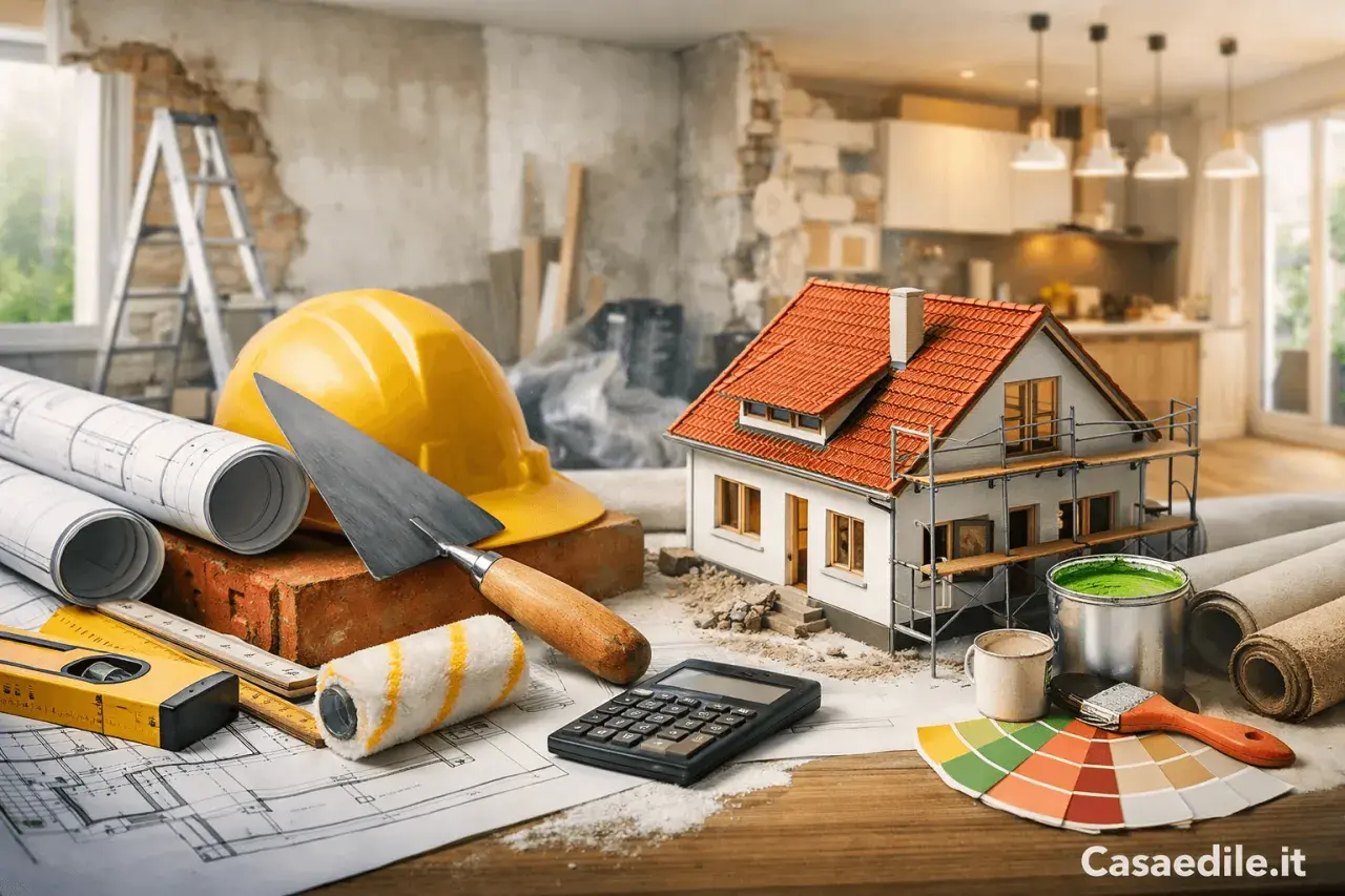 Progetto casa: calcolo del tetto coibentato prezzo al mq. Strumenti da cantiere, modello di casa e campioni di colore.