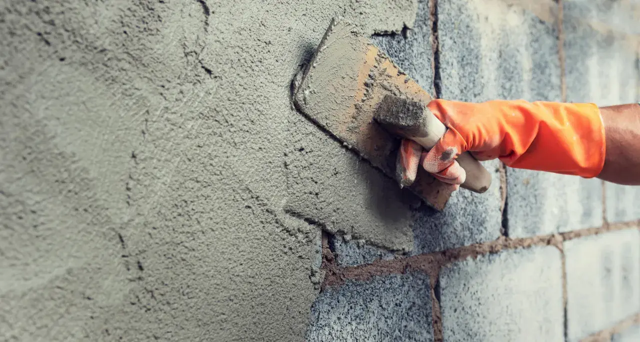 Mano con guanto arancione stende malta per intonaco esterno su un muro di blocchi di cemento con una cazzuola.