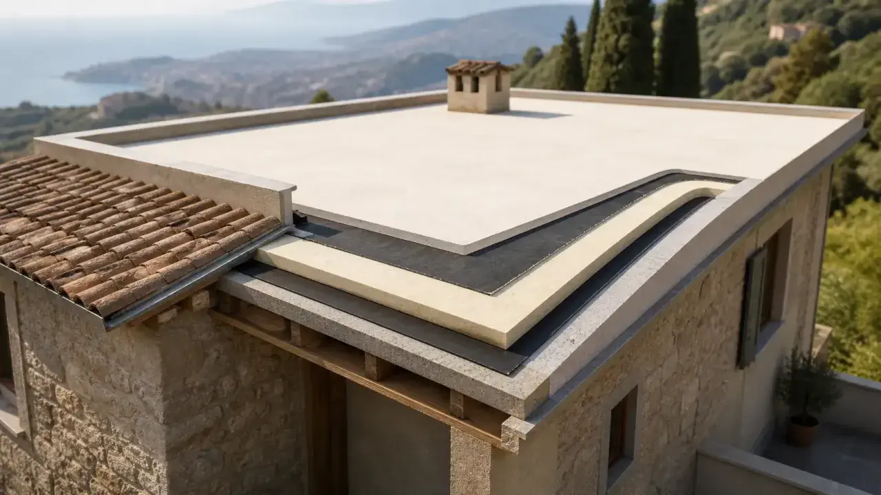 Strati di materiali isolanti per un tetto a falda piana, con vista panoramica su una costa.