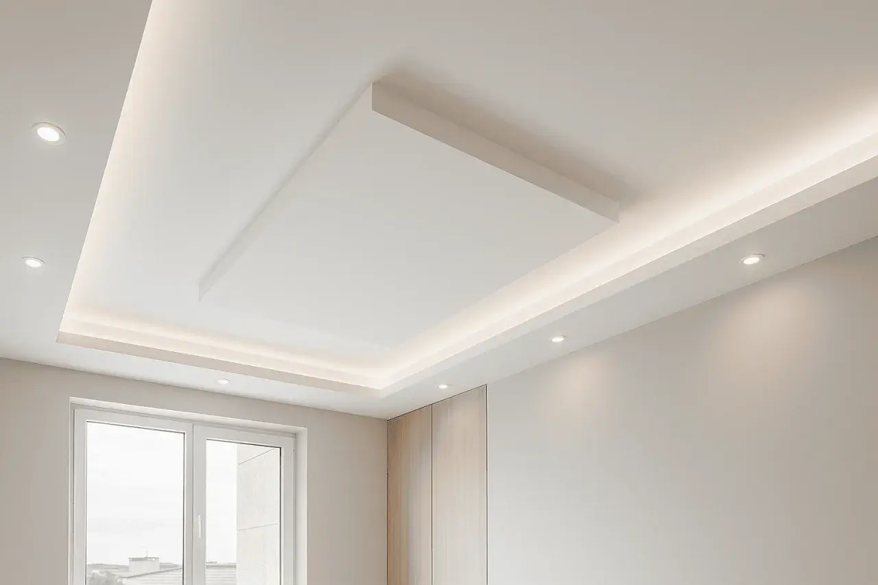 Struttura cartongesso moderna con illuminazione integrata. Il telaio cartongesso crea un soffitto a più livelli, elegante e funzionale.