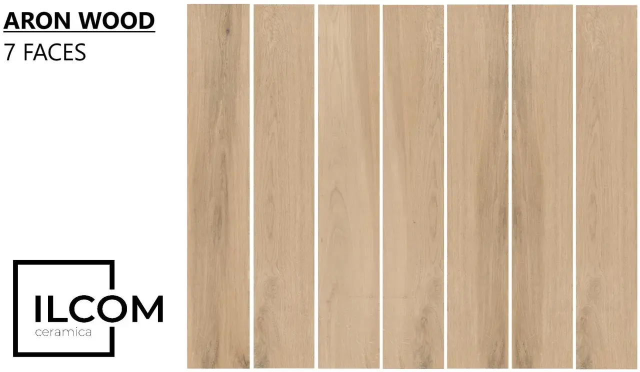 Posa gres effetto legno 20x120, serie Aron Wood, 7 facce diverse per un effetto naturale e caldo.