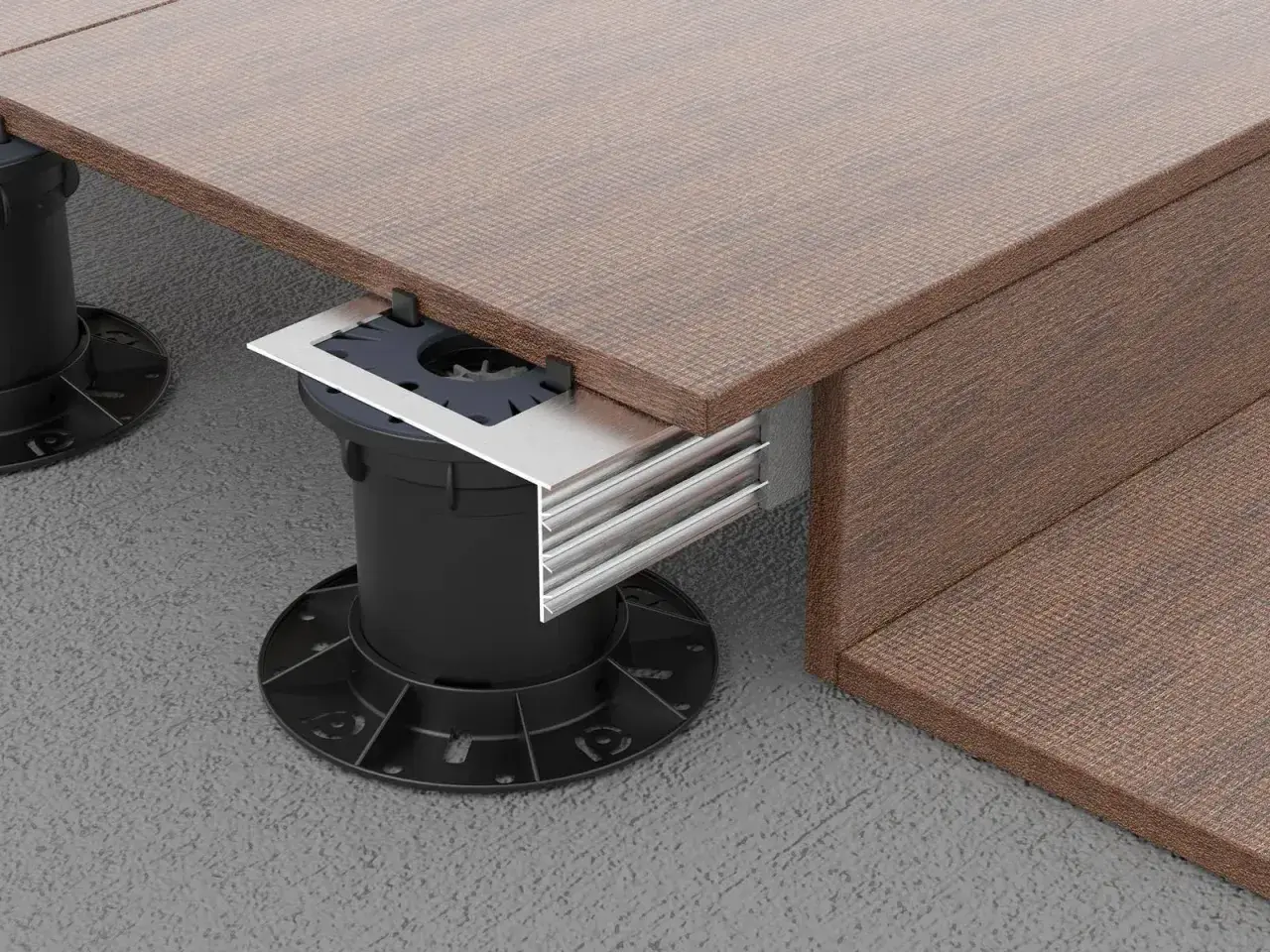 Dettaglio di un pavimento appoggiato su supporti regolabili neri, con finitura effetto legno marrone e profili metallici.