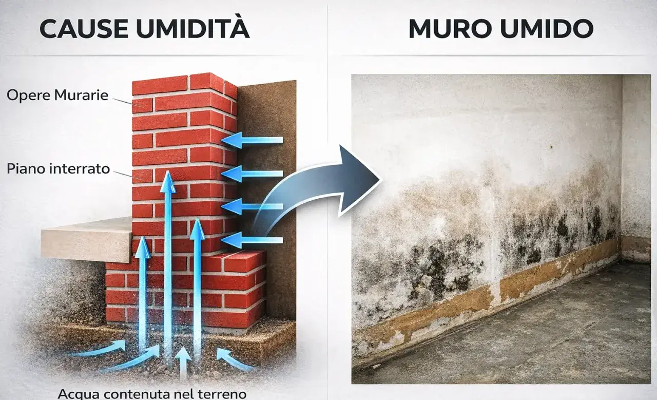 Illustrazione delle cause di umidità nei muri, con frecce che mostrano l'acqua dal terreno che risale. Utile per idee per coprire un muro interno rovinato.