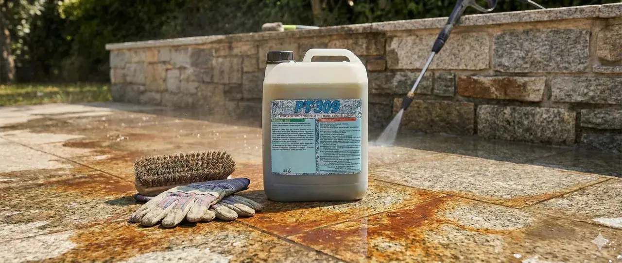 Un flacone di prodotto per pulire cemento con candeggina, guanti e spazzola giacciono sul patio macchiato.
