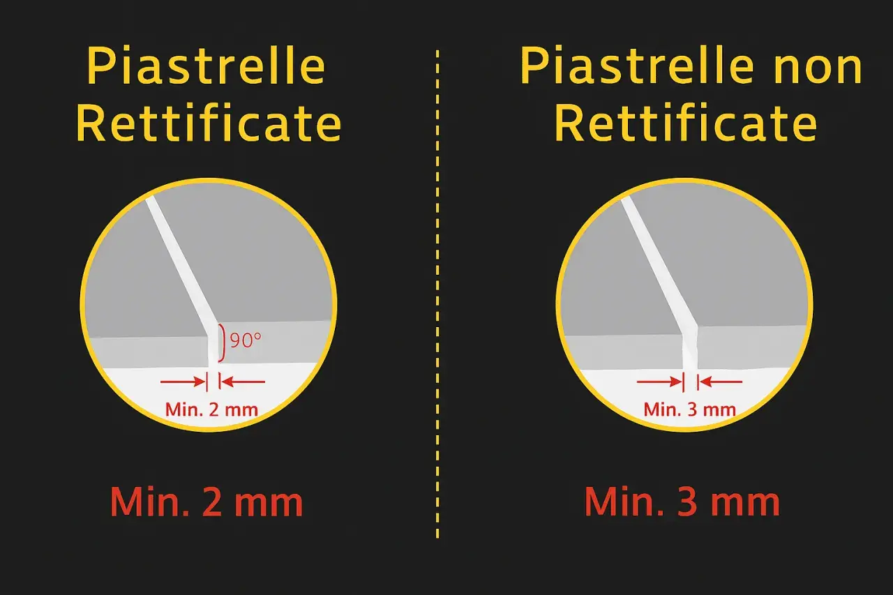 Confronto tra piastrelle rettificate (giunto minimo 2 mm) e non rettificate (giunto minimo 3 mm), evidenziando i problemi di fuga più ampie per le seconde.