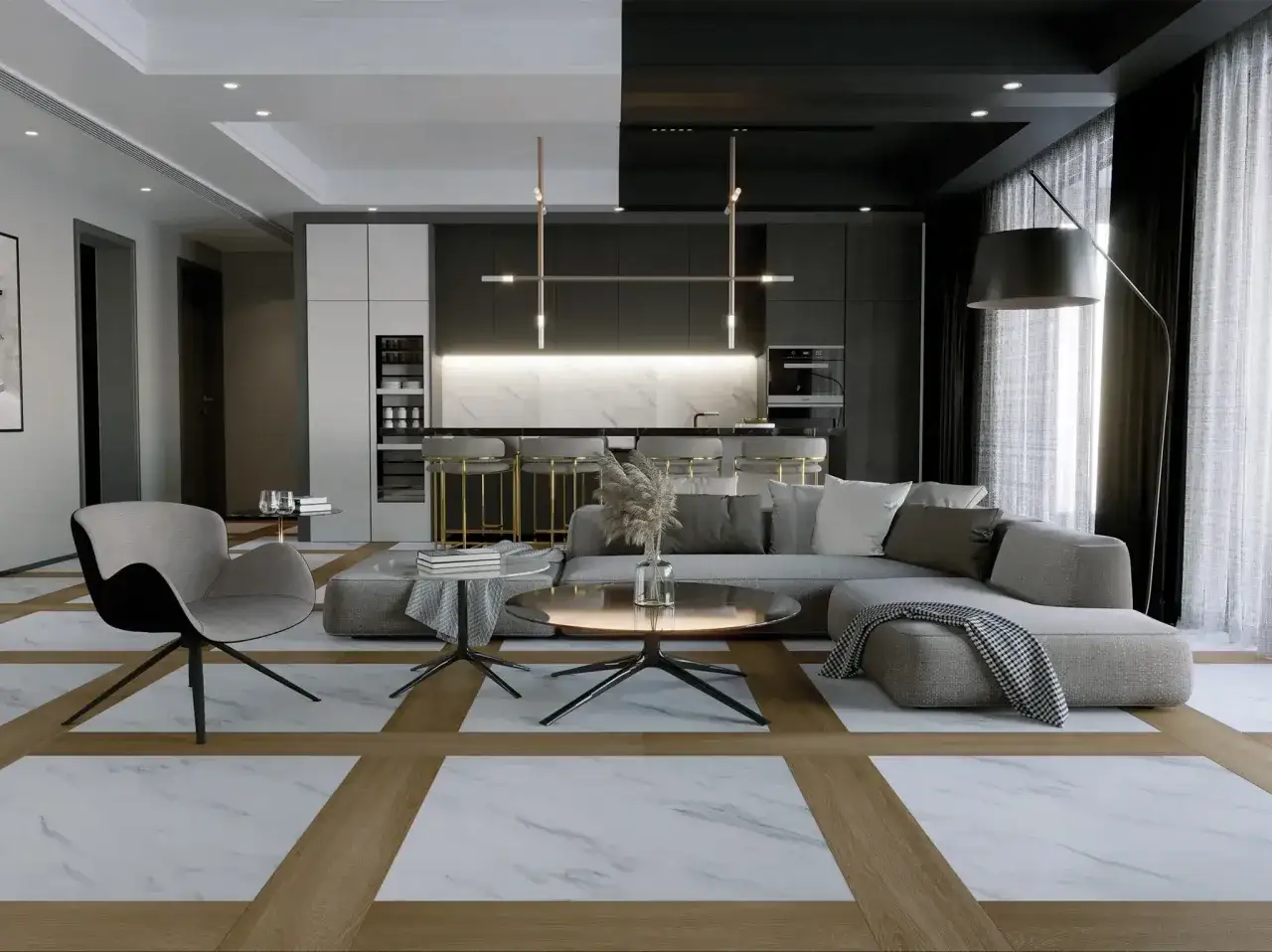 Pavimenti anni 2000 con inserti in legno e marmo, che creano un motivo geometrico in un soggiorno moderno con divano angolare e cucina a vista.
