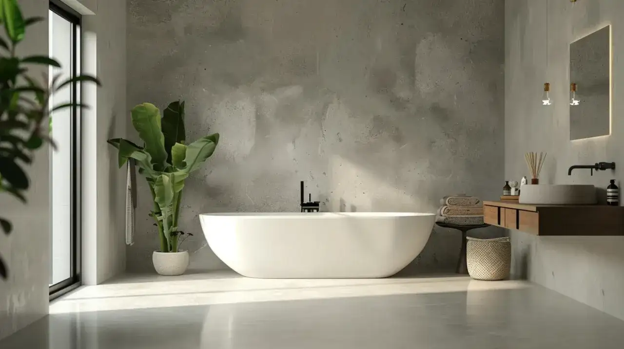 Bagno moderno con vasca freestanding, lavabo in pietra e pareti in resina. Pianta verde e luce naturale creano un'atmosfera rilassante.