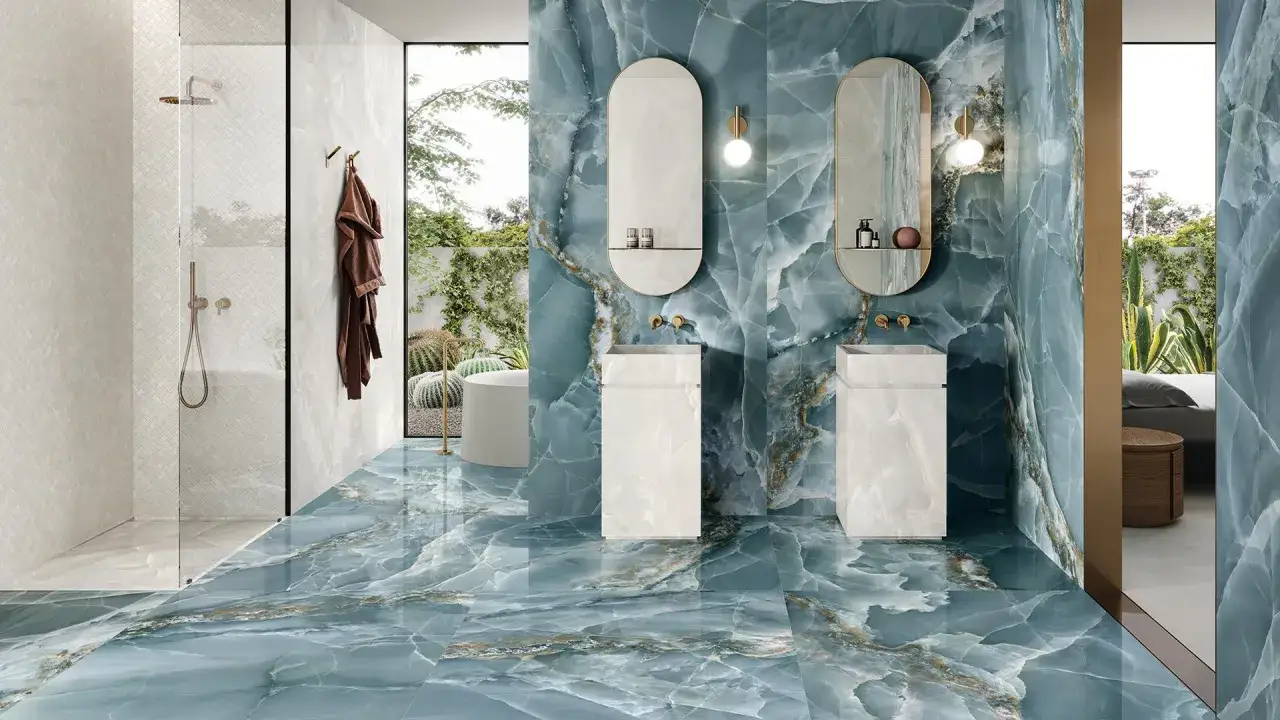 Bagno di lusso con pavimenti e pareti in gres effetto onice blu. Le recensioni di Gres Italia confermano l'eleganza.