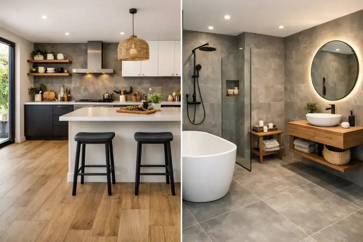 Cucina moderna con isola e sgabelli, e bagno con vasca freestanding e specchio luminoso. Entrambi gli ambienti presentano un elegante pavimento senza fughe.