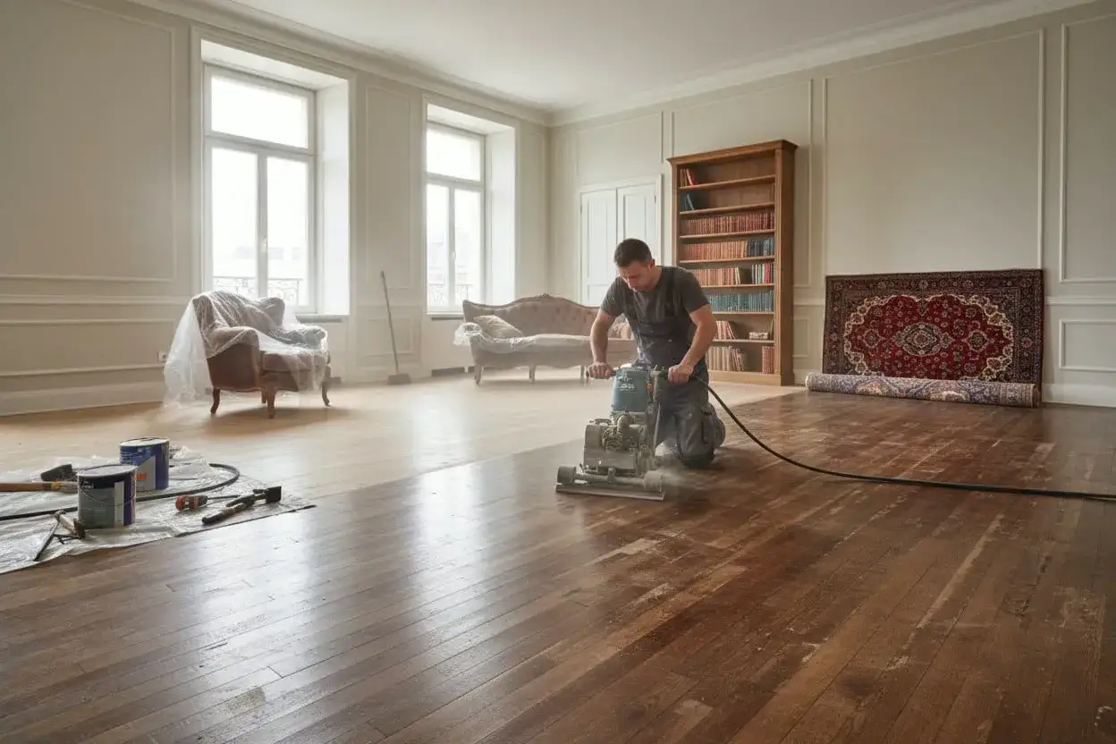 Un operaio leviga un parquet in una stanza luminosa. Si valuta quanto costa rifare il pavimento per un risultato impeccabile.