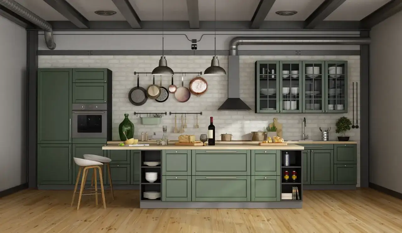 Cucina moderna con mobili verdi, pensata per chi ama verniciare e personalizzare gli spazi.