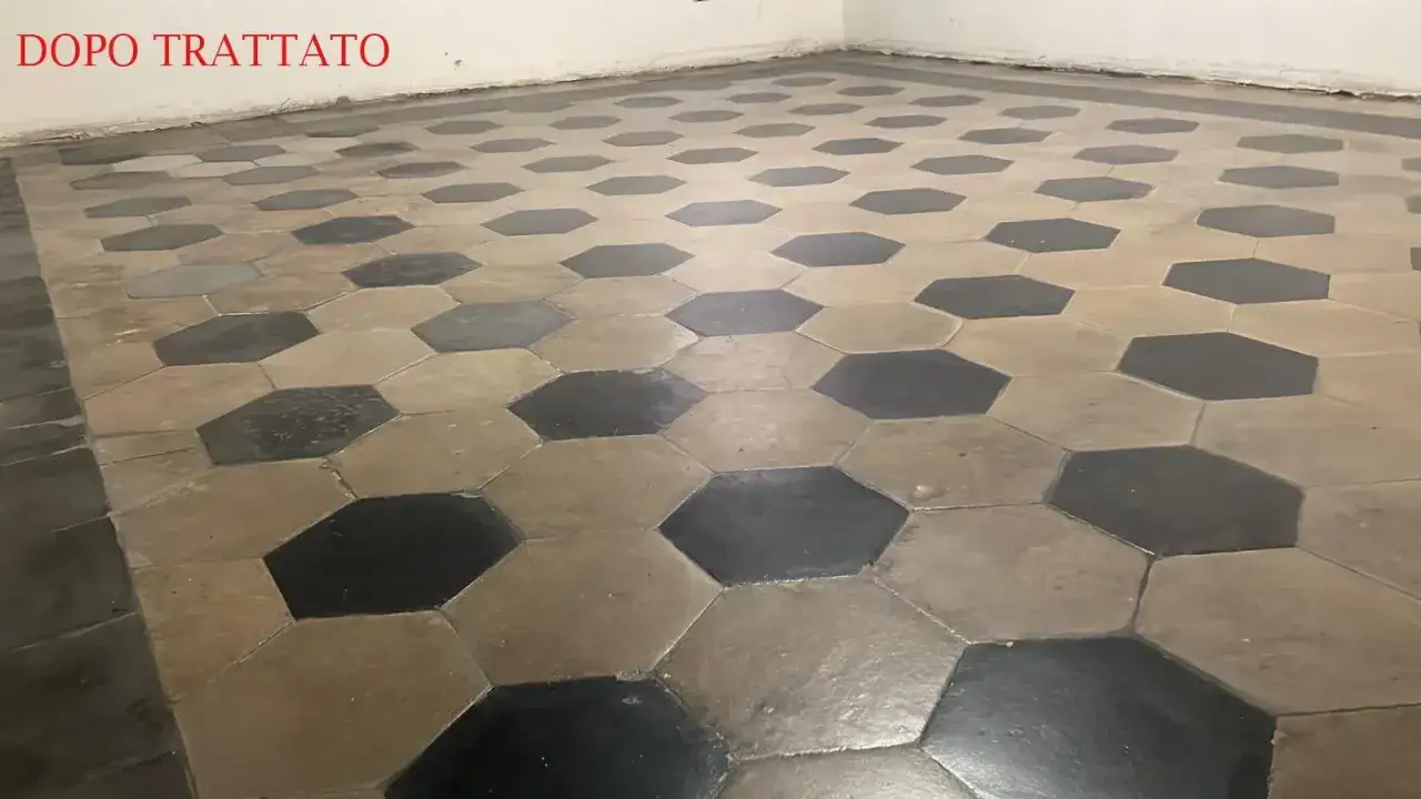 Pavimento in cementine esagonali, dopo trattamento con olio di lino, con alternanza di colori chiari e scuri.