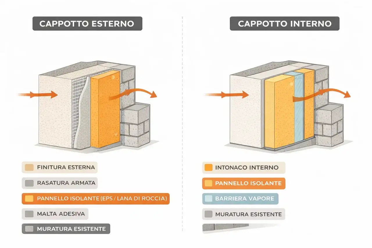 Illustrazione comparativa di cappotto termico esterno e interno, con pannelli isolanti e barriera vapore.